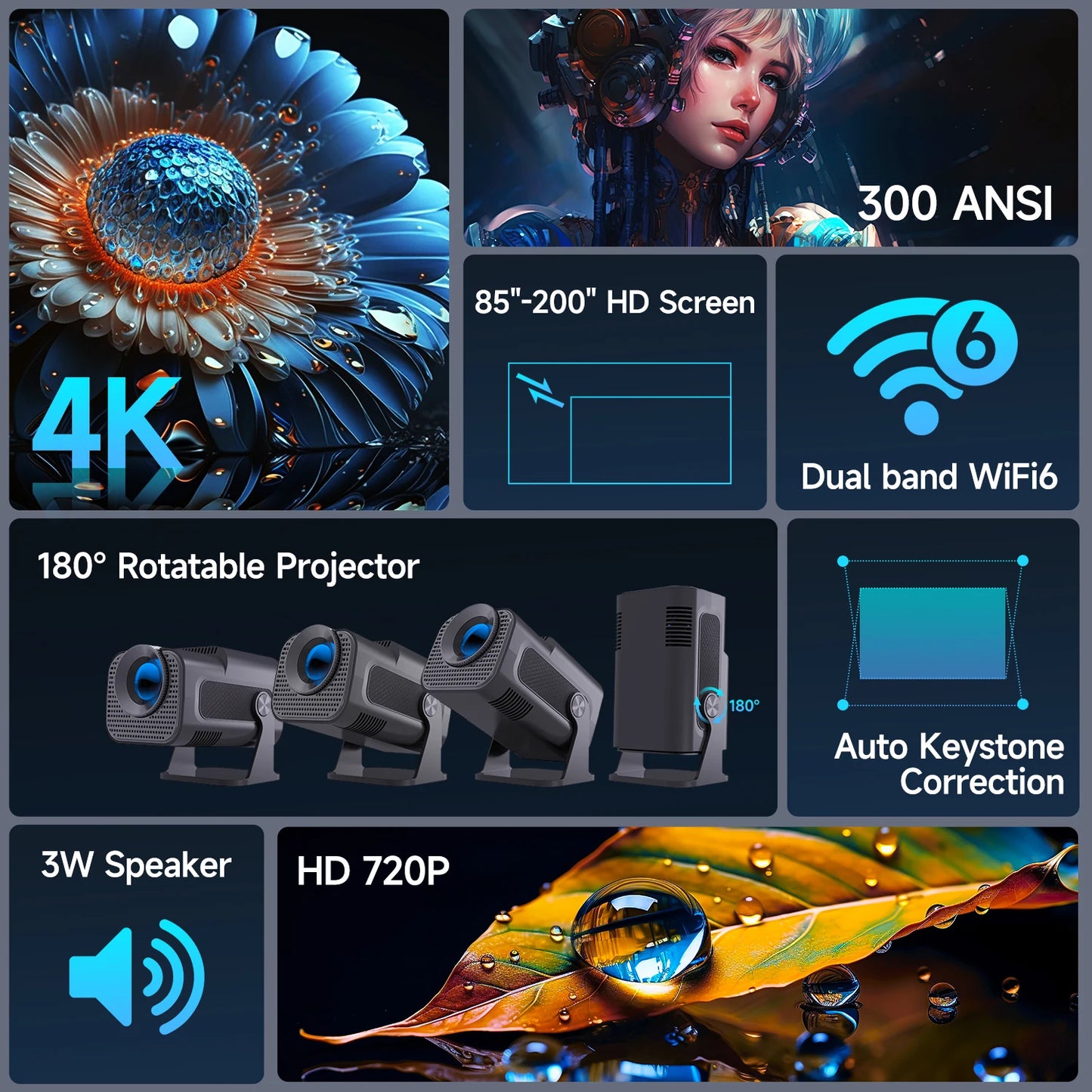 HY320 Mini Native 720P Android 11 4K Projector 300ANSI Wifi6 BT5.0 Cinema Outdoor Portable 180° Rotable Projector