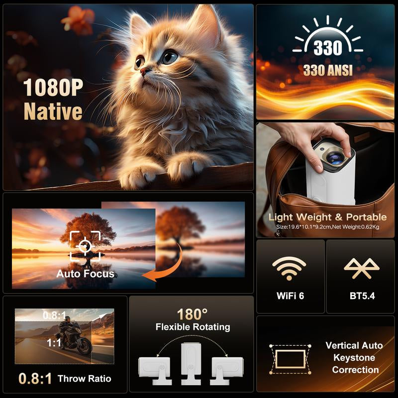 [US Warehouse] Magcubic Auto Focus HY310 Projector 330ANSI 4K Videosource Supported Native 1080P BT5.4 WIFI6 Airmouse Android 11 Built-In Speaker Allwinner H713 180° Flexible 130"Screen 60Hz Reflash Home Cinema Mini Portable Projector