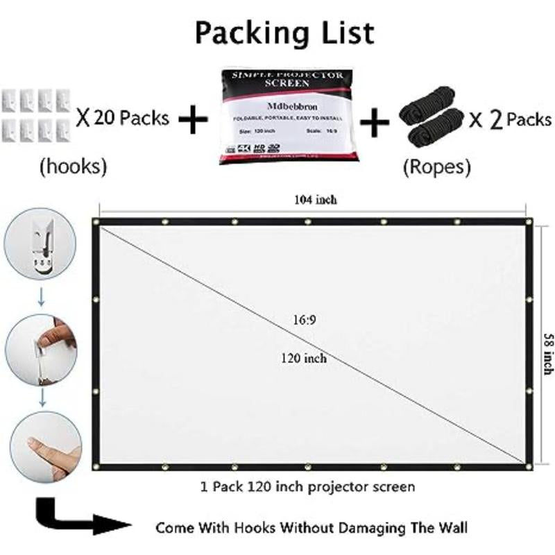 120 Inch Foldable Projection Screen 16:9 Portable Anti-Crease Projector Screen for Home Theater, Indoor/Outdoor, Double-Sided Movie Screen Folding
