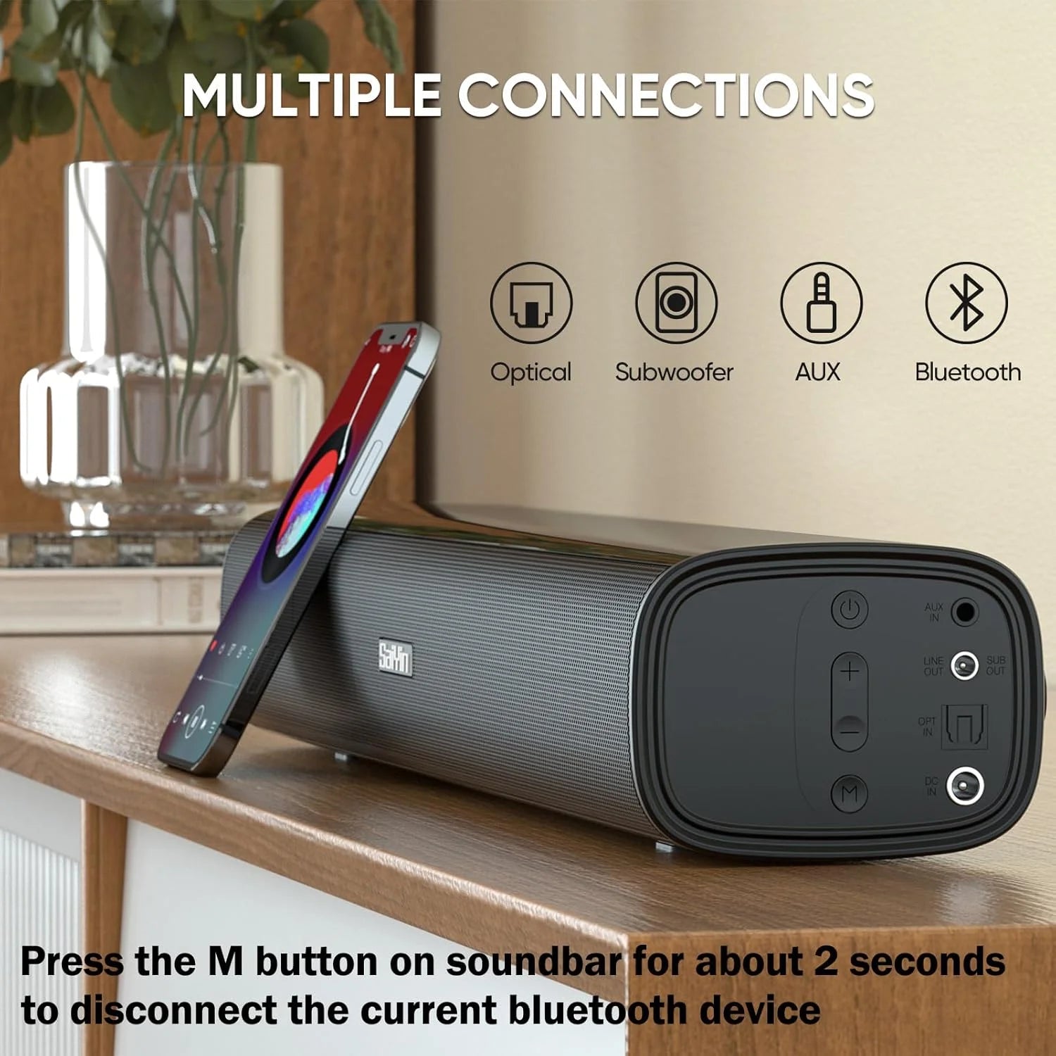 Sound Bars for TV with Subwoofer,2.1Ch Soundbar for Tv,Pc,Gaming, Surround Sound System for TV with Bluetooth/Optical/Aux Connection,17 Inch, Wall Mountable