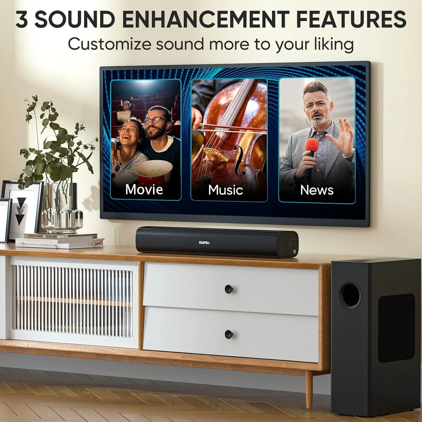 Sound Bars for TV with Subwoofer,2.1Ch Soundbar for Tv,Pc,Gaming, Surround Sound System for TV with Bluetooth/Optical/Aux Connection,17 Inch, Wall Mountable